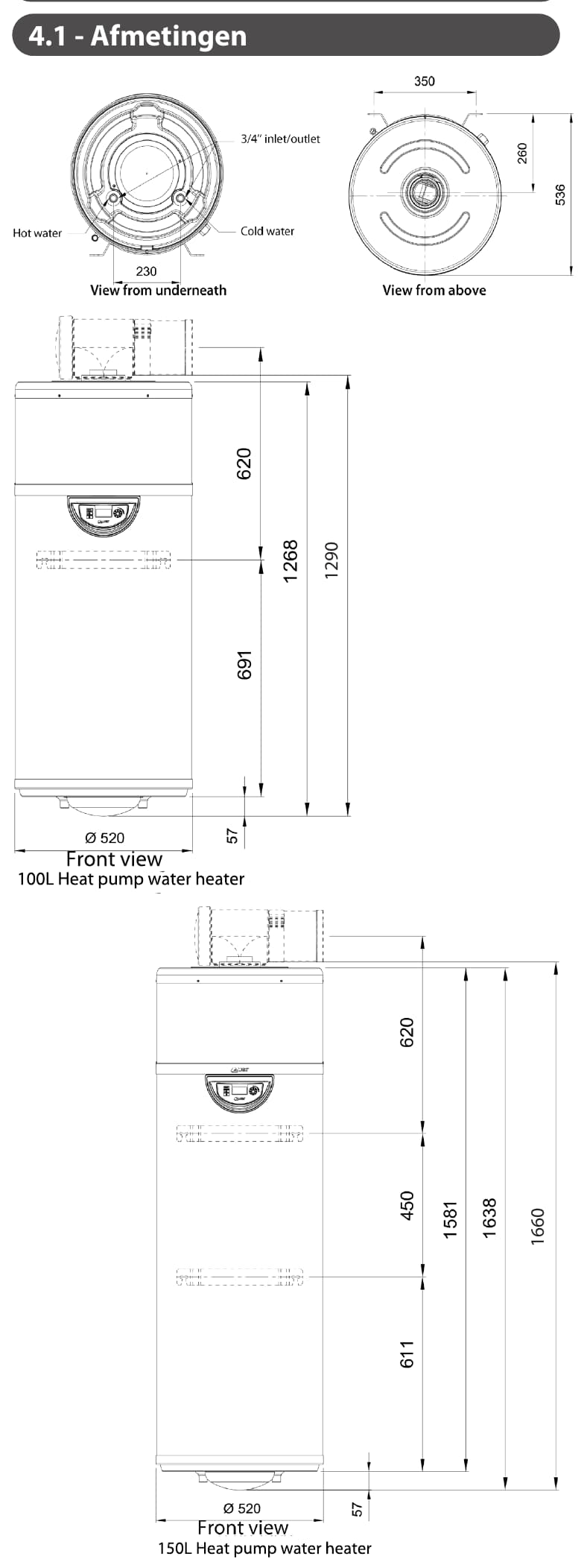 Dimplex Edel 100 en 150 Air: vooraanzicht en afmetingen