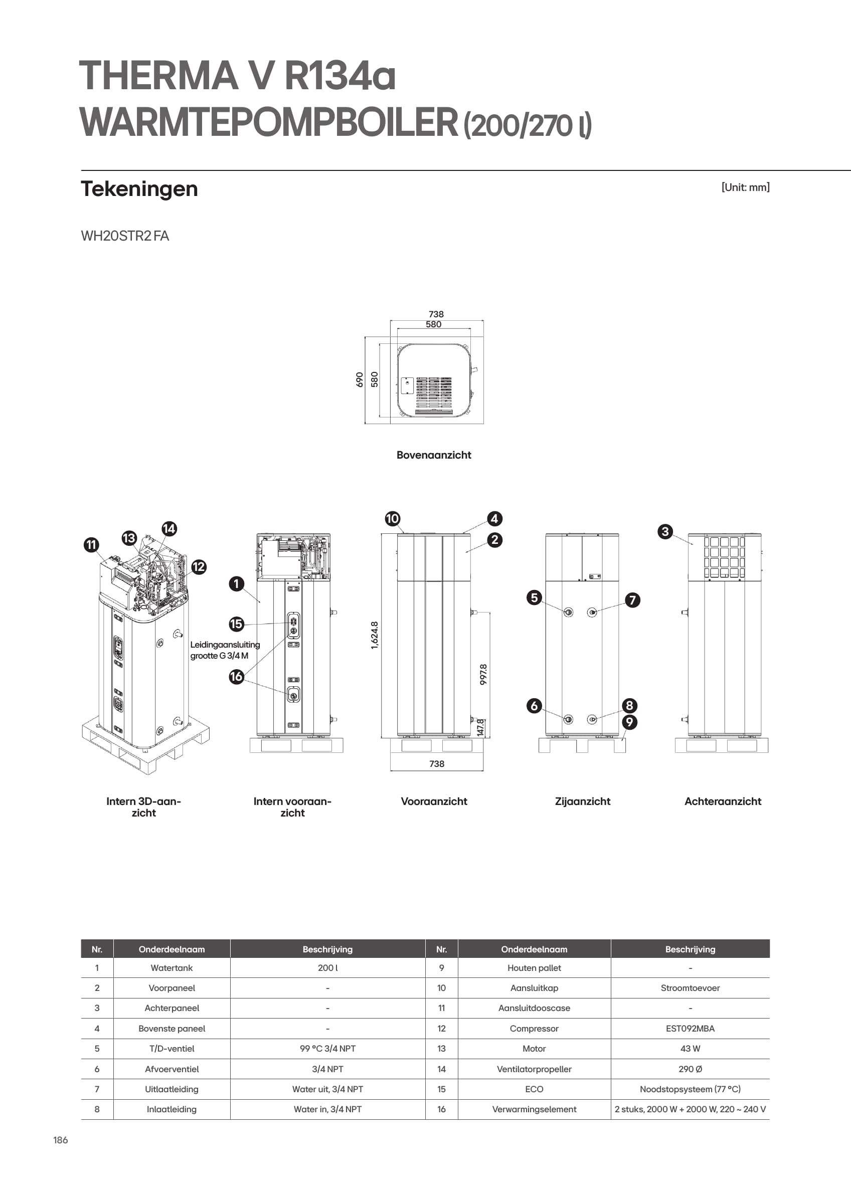 LG WH20STR2-FA: aanzichten, afmetingen en onderdelen